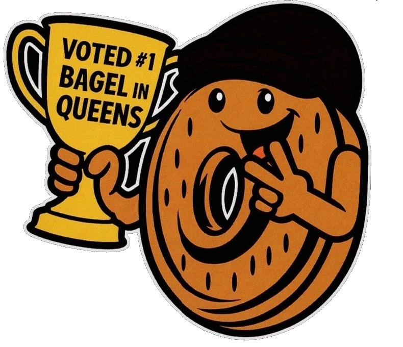 Middle Village Bagels mascot holding its best bagel trophy