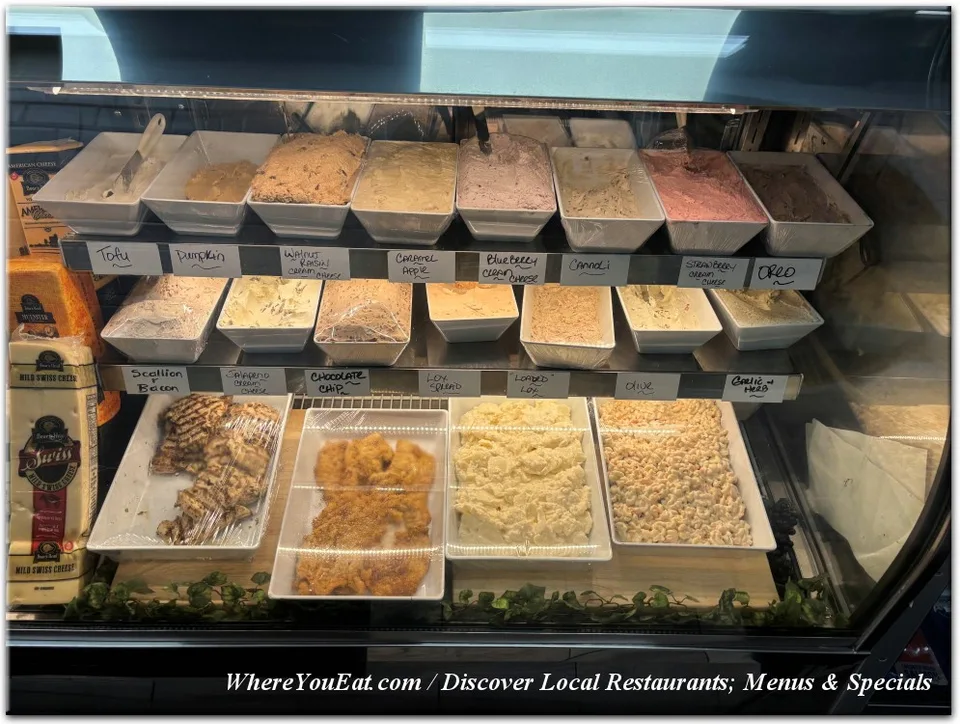 A selection of homemade salads in the deli case